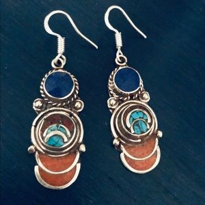 Tibetan Ethnic Tribal Lapis coral .925 earrings